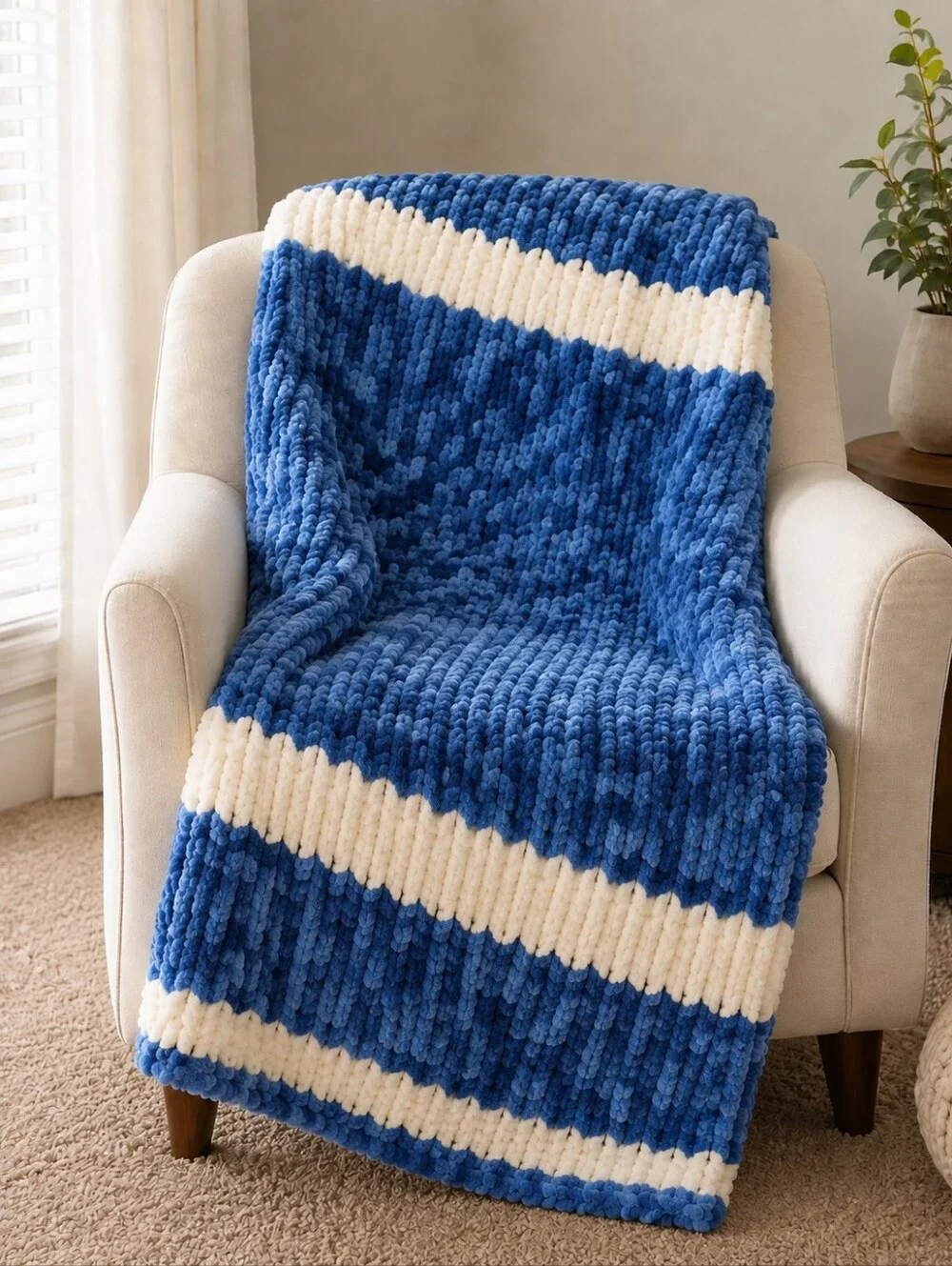 Handmade Chunky Chenille Crochet Blanket Blue & Cream Plush Throw